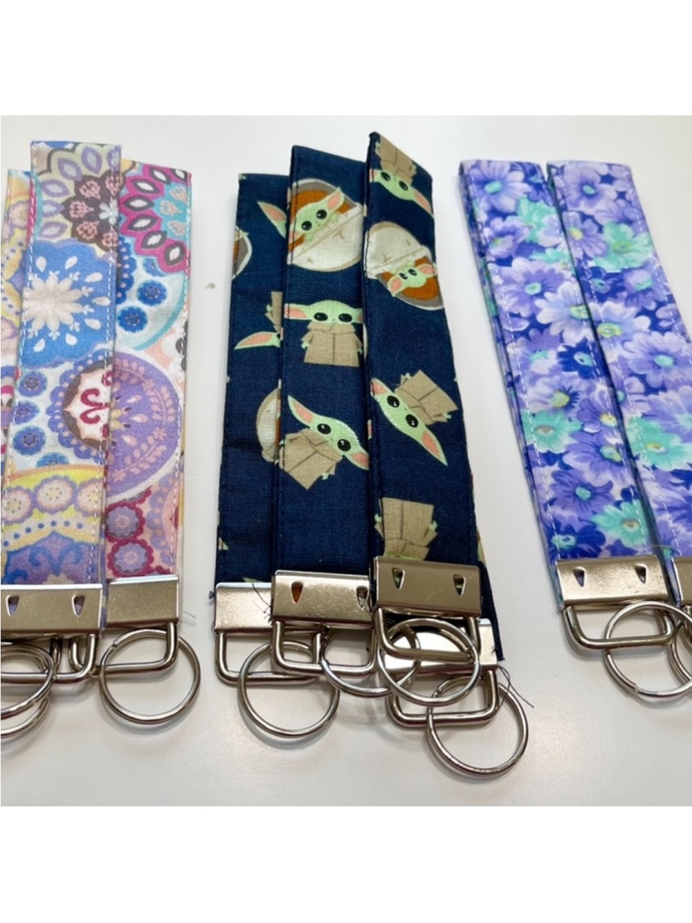 Baby Yoda Navy Fabric Wristlet Keychain with Silver Hardware